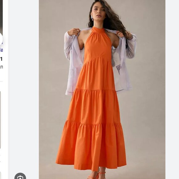 Anthropologie Maeve Size 12 Tiered Halter Midi Dress in Orange NWT - Picture 1 of 12